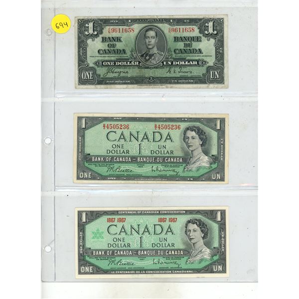 1937, 1954, 1967 Canadian One Dollars.