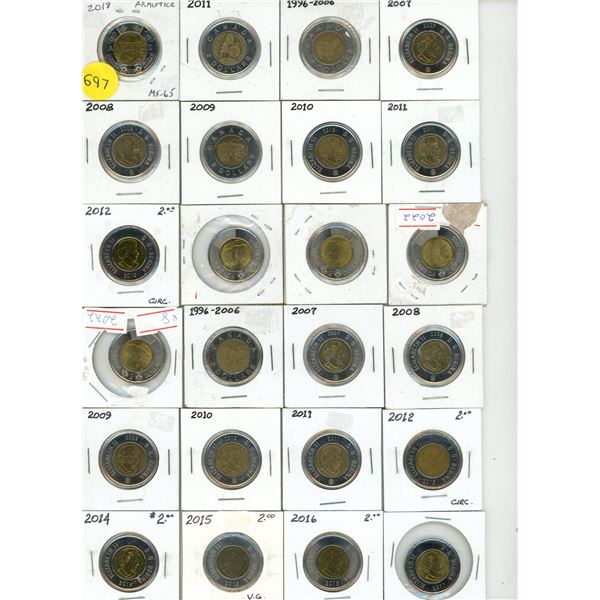 Lot of 24 Different Years Proof Like Canadian Two Dollar Coins.
