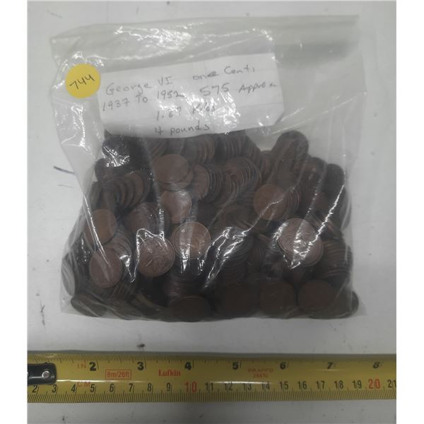 1937 to 1952 George VI Canada Pennies (approx. 575); 1.87 kilos (4 pounds)