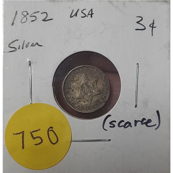 1852 USA SCARCE Silver Three Cents