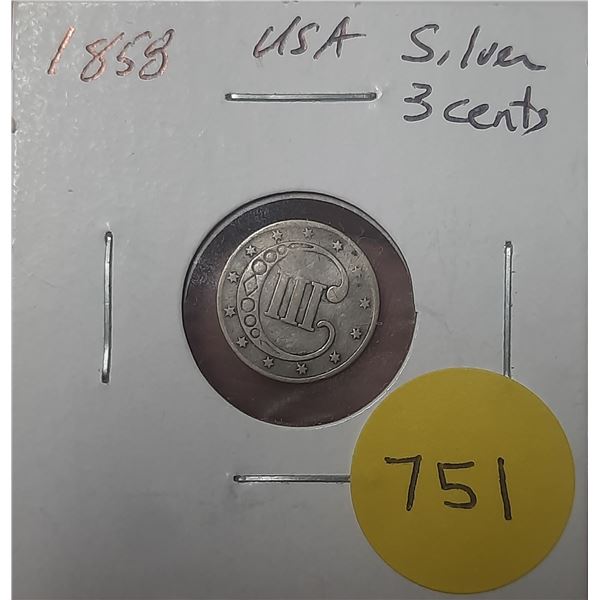 1858 USA  Silver Three Cents