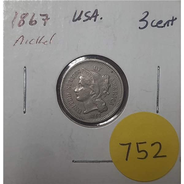 1867 USA Nickel Three Cents