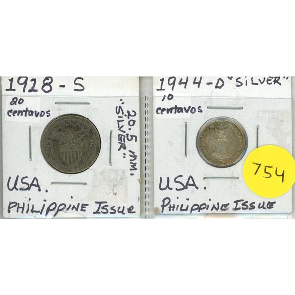 Lot of 2 USA Silver  Philippine Issue Coins:  1918S 20 Centavos & 1944D 10 Centavos