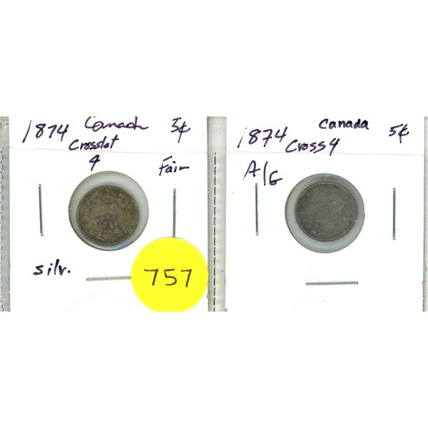 Lot of 2 1874 Crosslet 4 Canada Silver 5¢