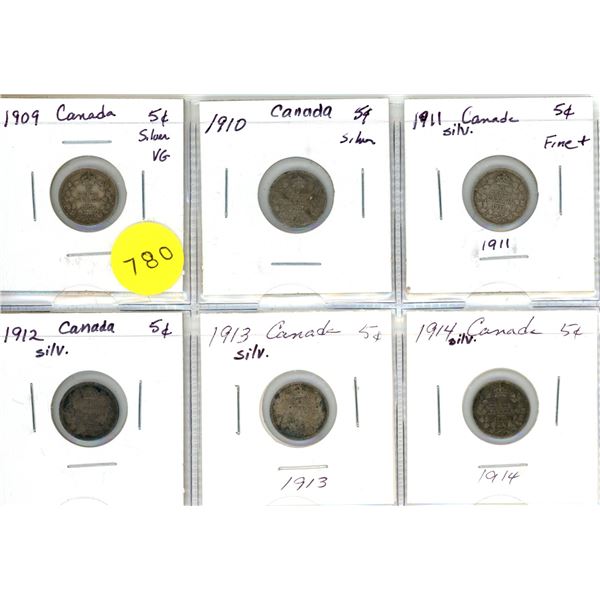 Lot of 6 Canada Silver 5¢:  1909-1914