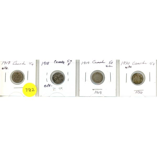 Lot of 4 Canada Silver 5¢:  1917-1920 (1.)