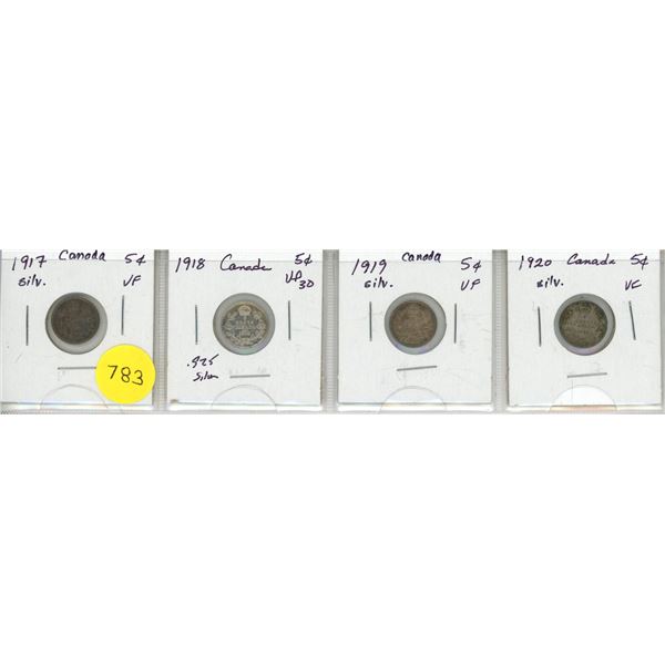 Lot of 4 Canada Silver 5¢:  1917-1920 (2.)