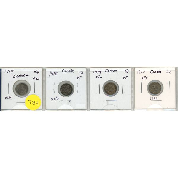 Lot of 4 Canada Silver 5¢:  1917-1920 (3.)