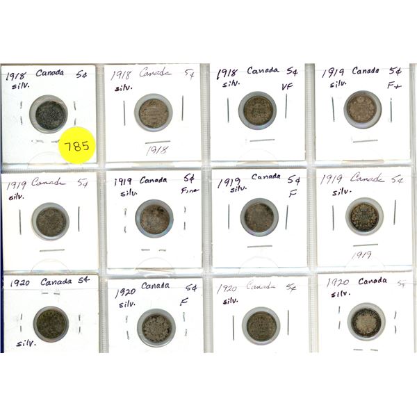 Lot of 12 Canada Silver 5¢:  1918-1920