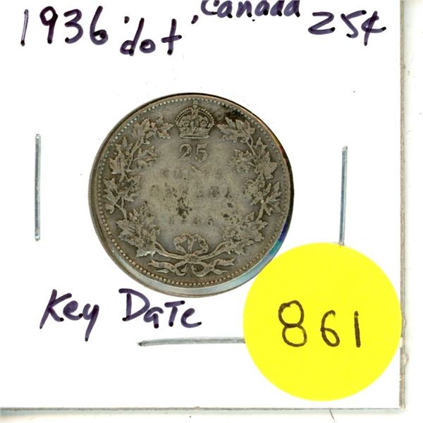 1936 Dot KEY DATE Canada Silver 25¢