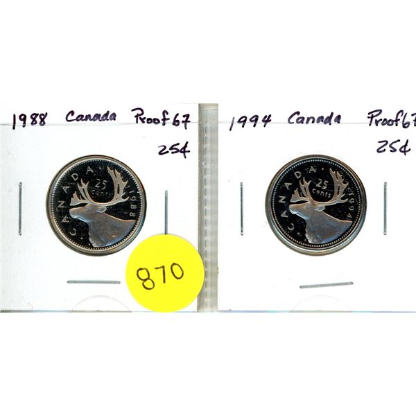Lot of 2 Proof 67 Canada 25¢:  1988 & 1994