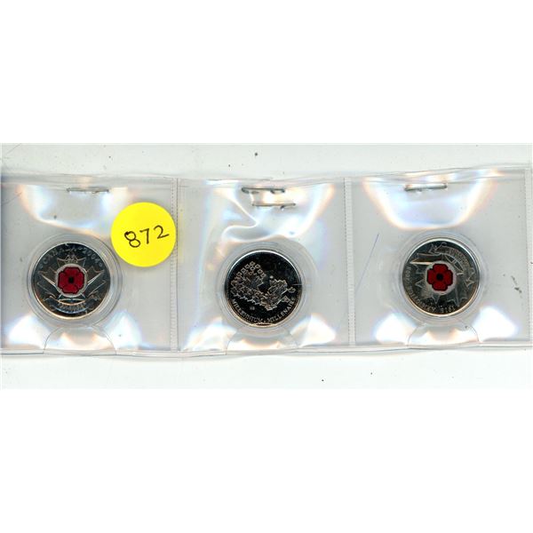 Lot of 3 Canada 25¢:  Colored poppy (2004 & 2008), 2000 Maple leaves