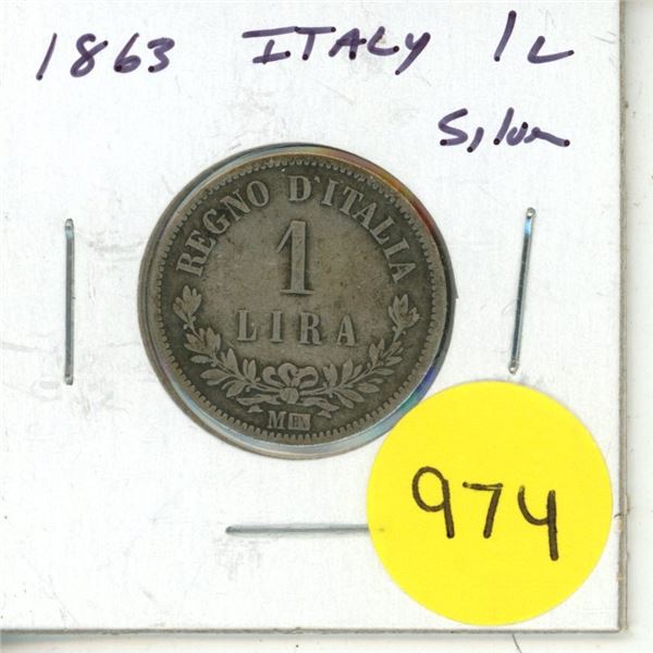 1863 Italy Vittorio Emanuel II Silver One Lira