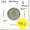 Image 1 : 1916 Germany Silver Half Mark