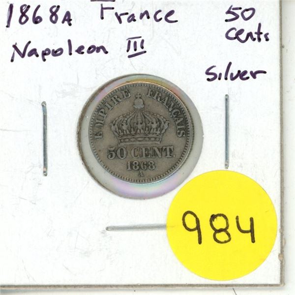 1868A France Napoleon III Silver 50 Cents