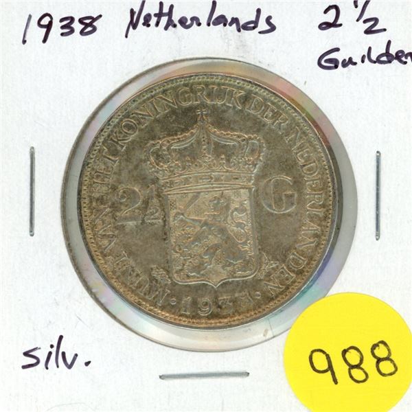 1938 Netherlands Silver 2 1/2 Gulden