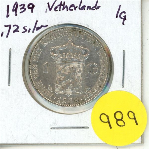 1939 Netherlands Silver One Gulden