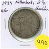 Image 1 : 1939 Netherlands Silver 2 1/2 Gulden