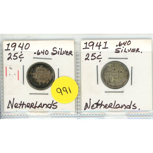 Lot of 2 Netherlands Silver 25 Cents:  1940 & 1941