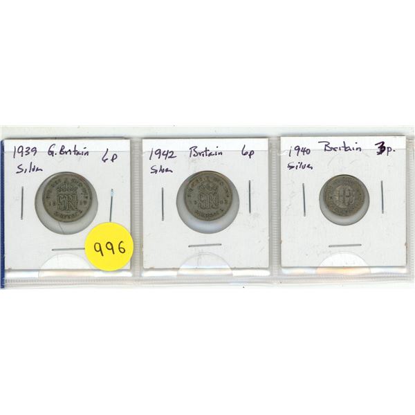 Lot of 3 Great Britain Silver Coins:  3 Pence (1940), 6 Pence (1939 & 1942)