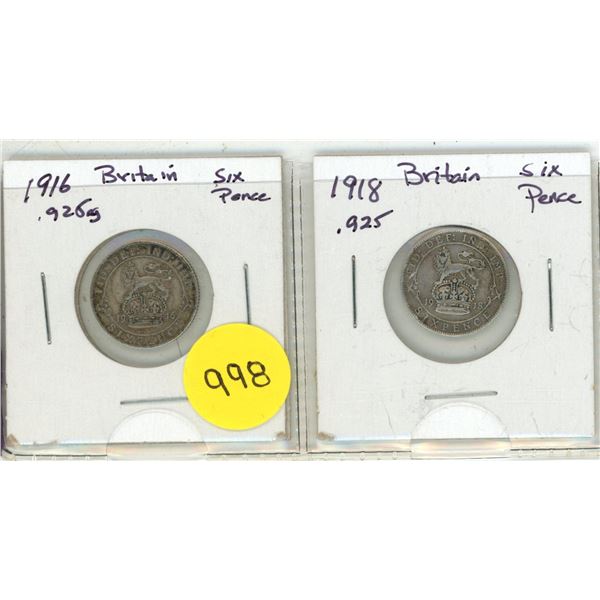 Lot of 2 Great Britain Silver 6 Pence:  1916 & 1918