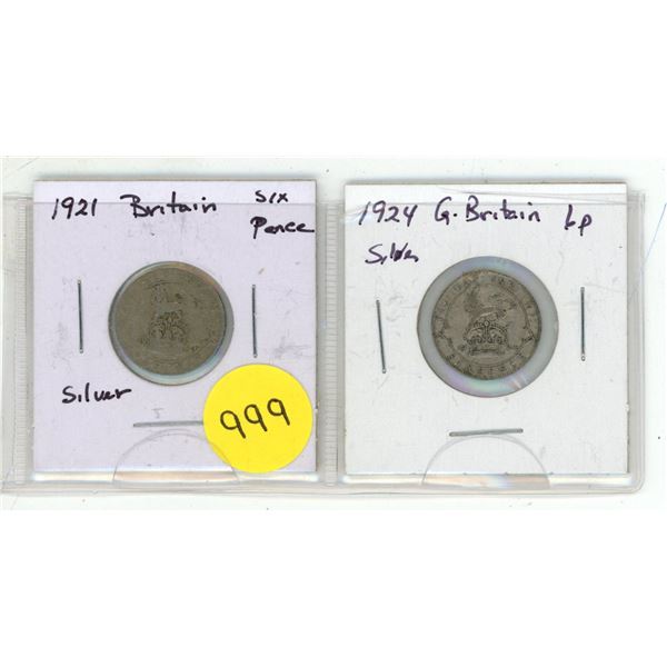 Lot of 2 Great Britain Silver 6 Pence:  1921 & 1924