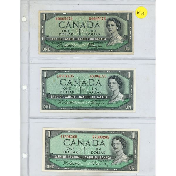 Lot of 3 Canada 1954 One Dollar Bills:  Beattie/Coyne (# H/M 0065072 & Z/L 6904135), Beattie/Rasmins