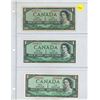 Lot of 3 Canada 1954 One Dollar Bills:  Beattie/Coyne (# H/M 0065072 & Z/L 6904135), Beattie/Rasmins