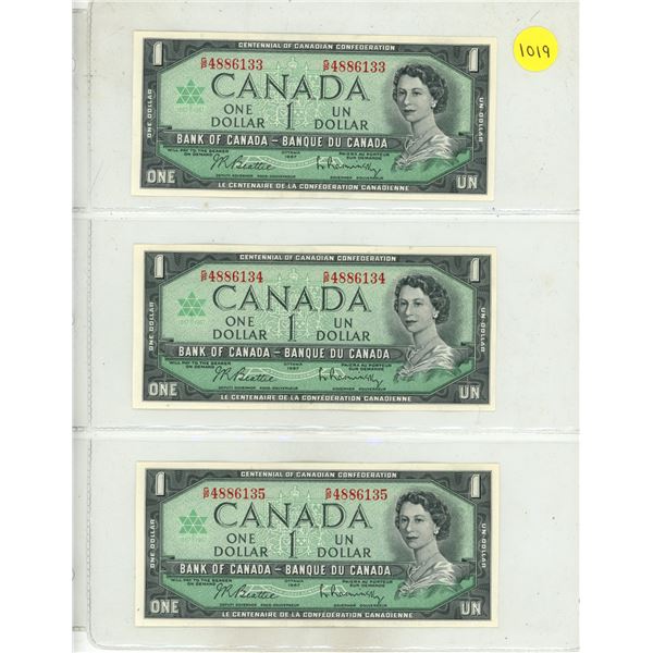 Lot of 3 Canada 1967 Consecutive One Dollar Bills, Beattie/Rasminsky (# G/P 4886133 -135)