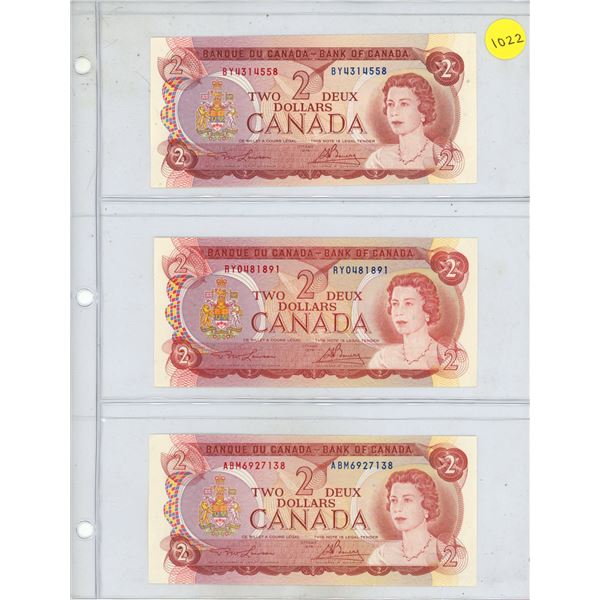 Lot of 3 Canada 1974 Two Dollar Bills, Lawson/Bouey (# BY 4314558, # RY 0481891, # ABM 6927138)