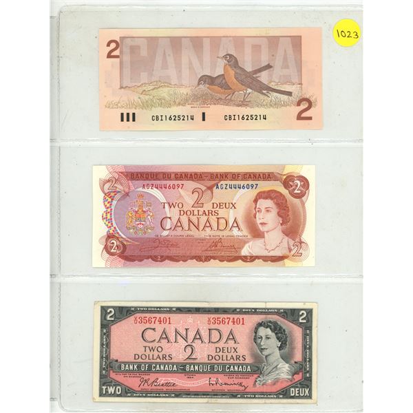3 Canada $2 Bills:  1986 Bonin/Thiessen (# CBI 1625214), 1974 Crow/Bouey (# AGZ 4446097), Beattie/Ra