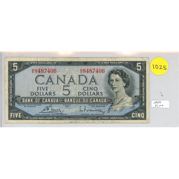 1954 Canada Five Dollar Bill, Bouey/Rasminsky (# U/X 8487406)