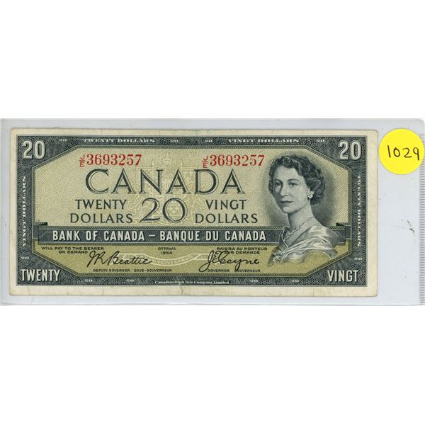 1954 Canada Twenty Dollar Bill, Beattie/Coyne (# J/E 3693257)