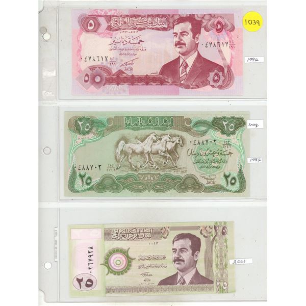 Lot of 3 Iraq Dinars: 1992 (5 D), 1982 (25 D), 2001 (25D)