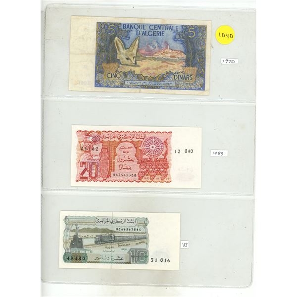 Lot of 3 Algeria Dinars:  1970 (5D), 1983 (20 D), 1983 (10 D)