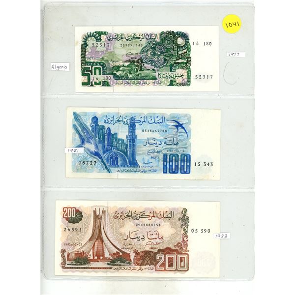 Lot of 3 Algeria Dinars:  1977 (50 D), 1981 (100 D), 1983 (200 D)