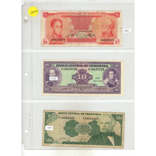 Lot of 3 Venezuela Bolivares: 1989 (5 B), 1990 (10 B), 1989 (20 B)