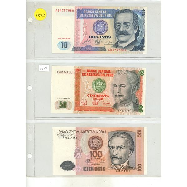 Lot of Three 1987 Peru Intis:  10, 50, 100