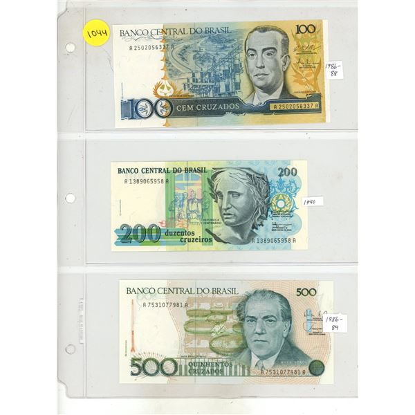 Lot of 3 Brazil Cruzeiros:  1986-88 (100 C), 1987 (200 C), 1986-89 (500 C)