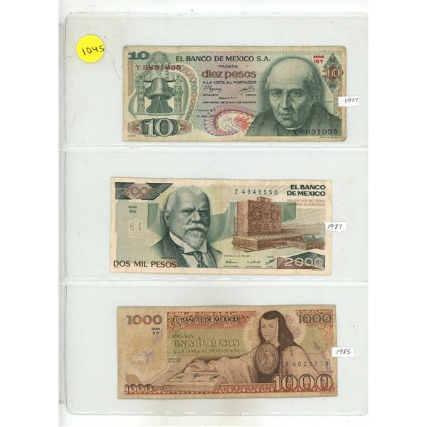 Lot of 3 Mexico Pesos:  1977 (10 P), 1987 (2000 P), 1985 (1000 P)