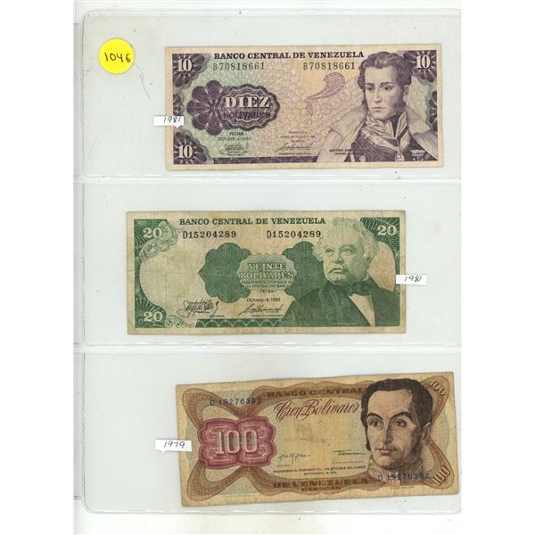 Lot of 3 Venezuela Bolivares:  1981 (10 & 20 B), 1979 (100 B)