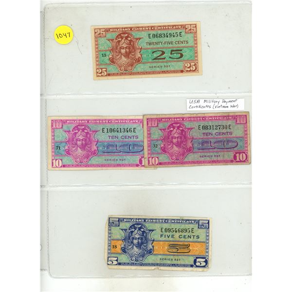 Lot of 3 USA Military Payment Certificates Issued During Vietnam War