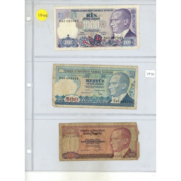 Lot of Three 1970 Turkey Lirasi:  1000, 500, 100