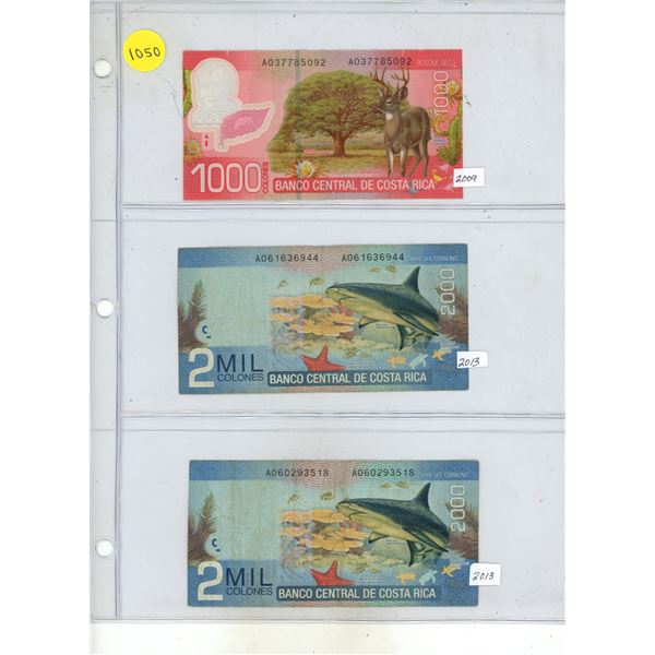 Lot of 3 Costa Rica Colones:  2009 (1000 C), 2013 (2000 C x2)