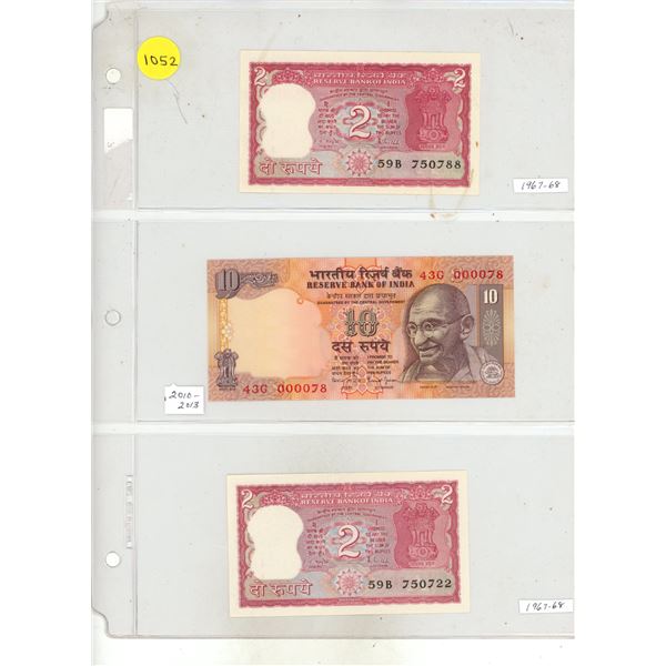 Lot of 3 India Rupees: 1967-68 (2 R x2), 2010-13 (10 R)