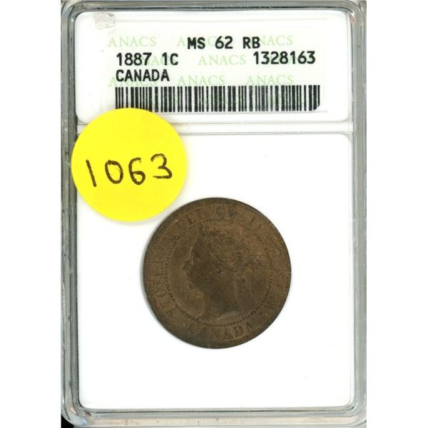 1887 Canada Large Cent, MS 62 RB (ANACS # 1328163)