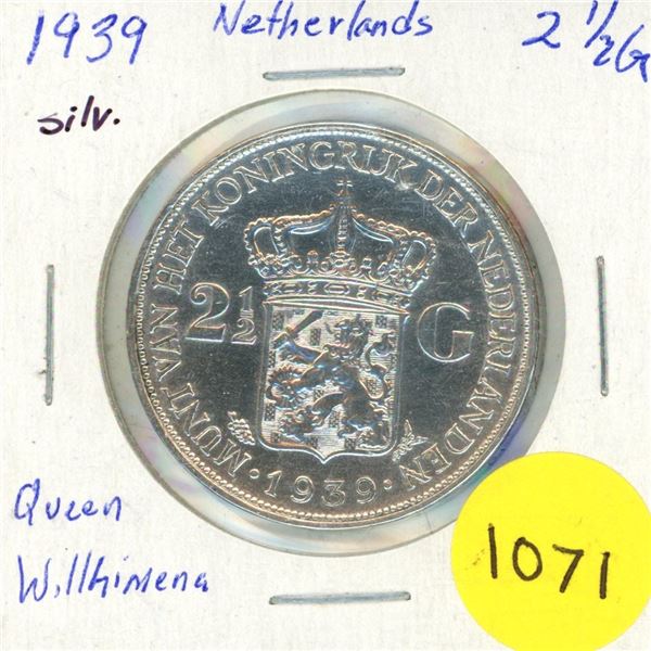 1939 Netherlands Silver 2 1/2 Gulden