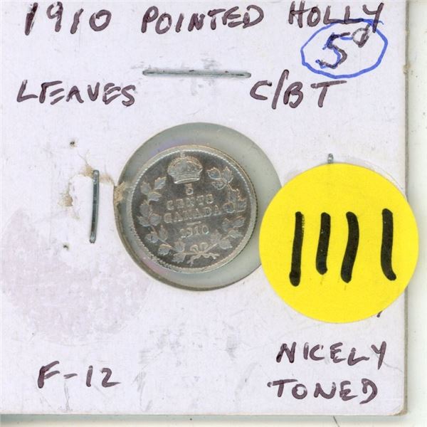 1910 Canada Silver 5 Cents Coin "Pointed Holly Leaves"