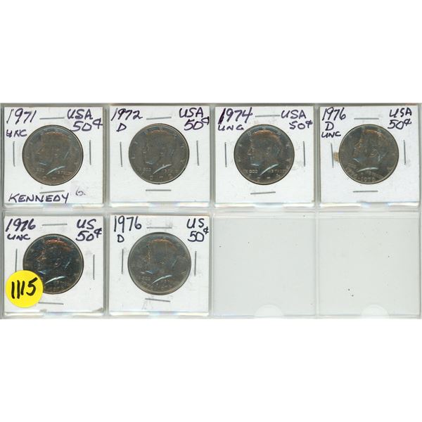 1971, 172, 1974, (3) 1976 U.S.Fifty Cents Coin.