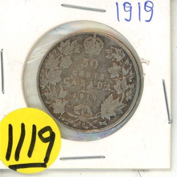 1919 Canada Silver 50 Cents Coin.